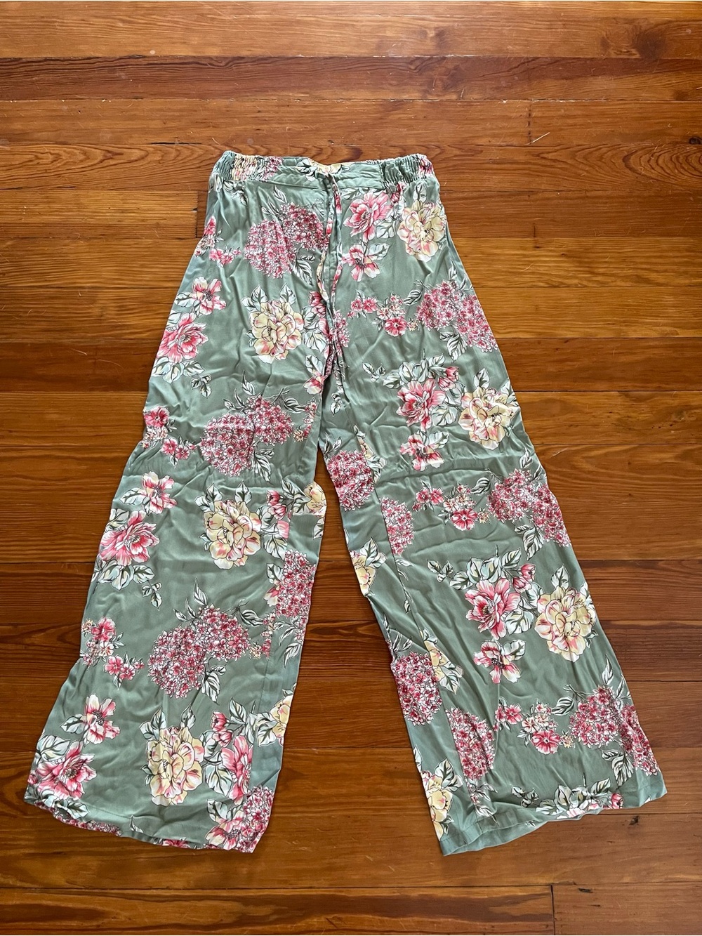 Angie Floral Wide-Leg Pants - Sage Green Base with Pink & Cream Blooms